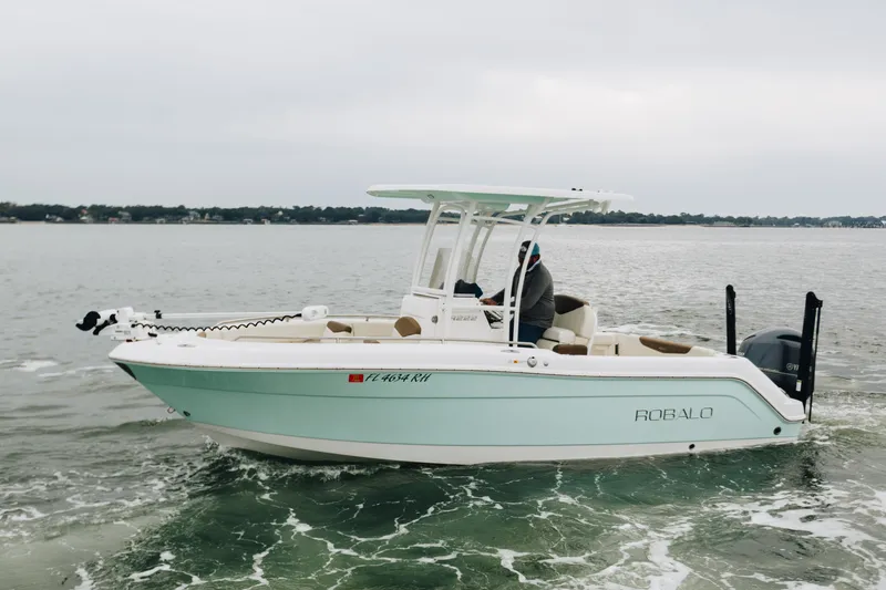 The Image of 2017 Robalo R222 Center Console boat cruising on a calm lake. - 0