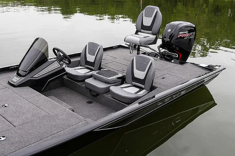 Slide: The Image of Manufacturer Provided Image: 2025 Lowe Stinger 195C fishing boat with modern seating and Mercury Pro XS engine. - 2