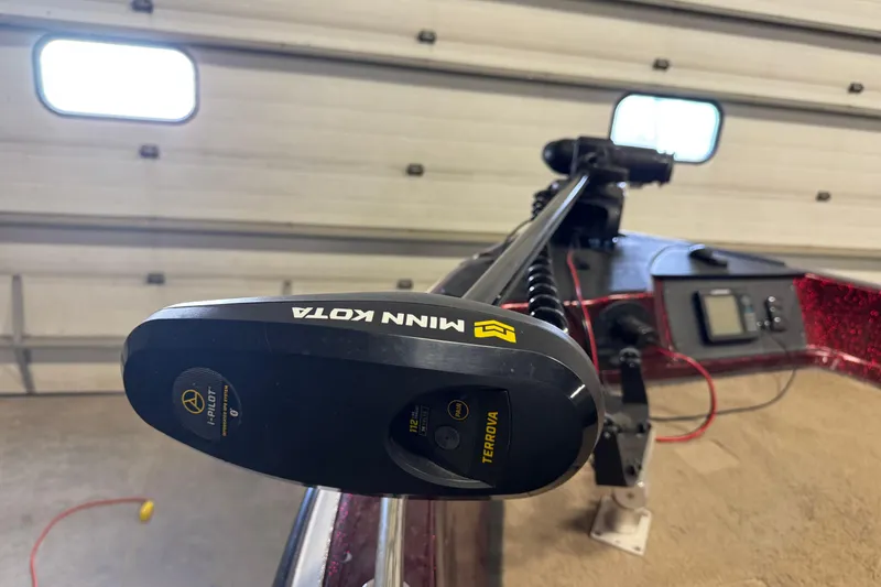 Slide: The Image of Minn Kota Terrova trolling motor on 2000 Ranger 620VS Fisherman boat in garage. - 16