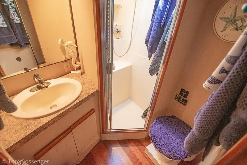 Slide: The Image of Bathroom interior of 1989 Bertram 50 Convertible yacht with sink, shower, and toilet. - 25