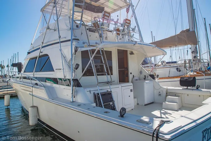 Slide: The Image of 1989 Bertram 50 Convertible yacht docked in a sunny marina. - 4