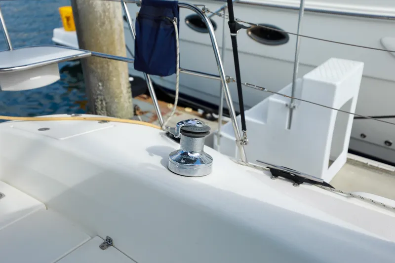 Slide: The Image of Catalina 375 sailboat deck with winch, docked at marina, 2010 model. - 22