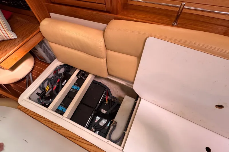 Slide: The Image of Under-seat battery storage in 2010 Catalina 375 sailboat interior. - 55