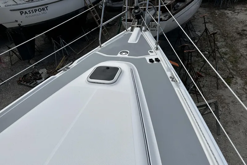 Slide: The Image of Deck view of a 2004 Hunter 41 Aft Cockpit sailboat in a boatyard. - 47