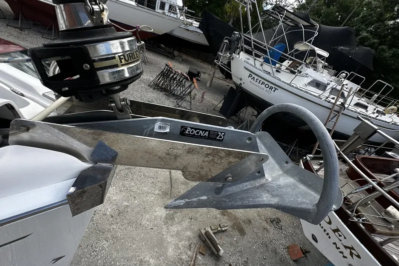 Slide: The Image of Anchor setup on a 2004 Hunter 41 Aft Cockpit sailboat in a boatyard. - 50