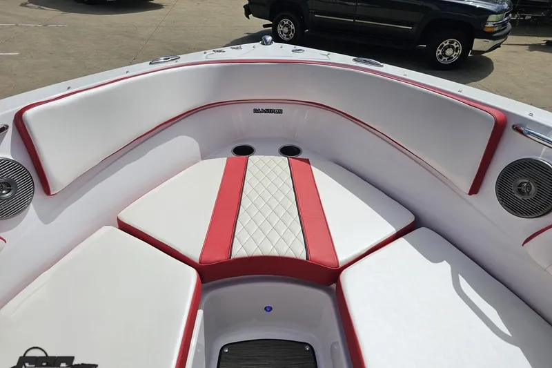 Slide: The Image of 2020 Glastron GTS 225 boat interior with red and white seating. - 74
