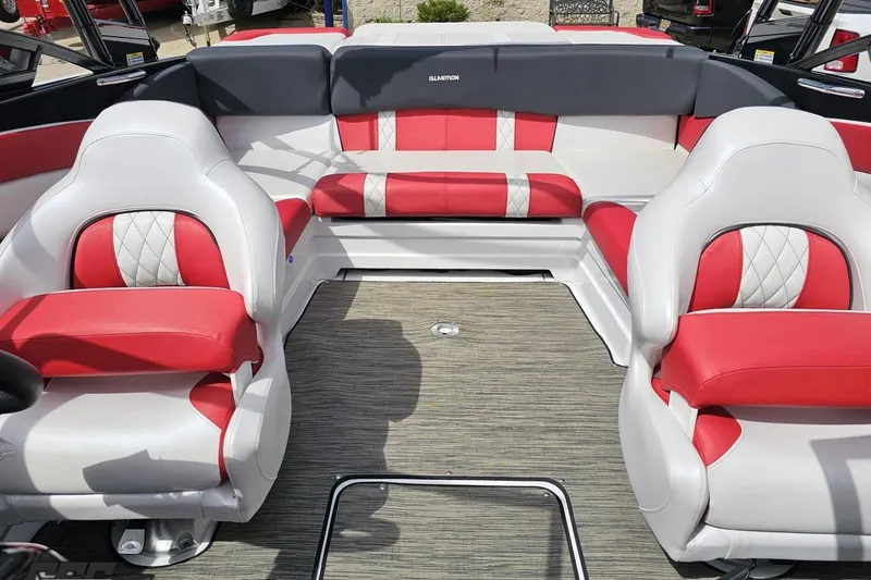 Slide: The Image of Interior of 2020 Glastron GTS 225 boat with red and white seating. - 88