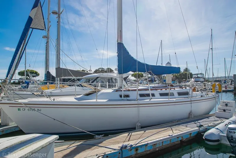 Slide: The Image of 1987 Catalina 36 sailboat docked at a marina under a clear blue sky. - 3