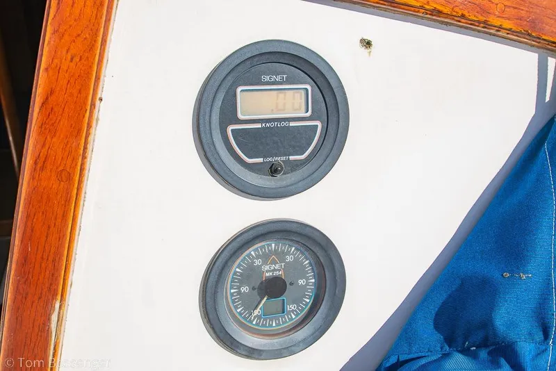 Slide: The Image of Close-up of Catalina 36 boat's instrument panel, featuring Signet gauges, 1987 model. - 33