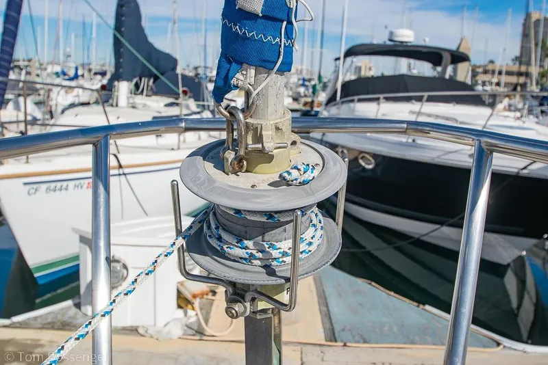 Slide: The Image of Close-up of a Catalina 36 sailboat's rigging system in a marina, 1987 model. - 35