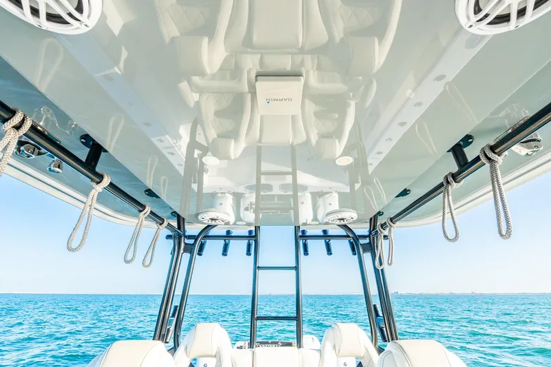 Slide: The Image of Interior view of 2022 Freeman 42LR boat with ocean backdrop. - 39