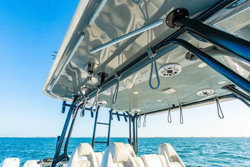 Slide: The Image of Freeman 42LR 2022 boat with canopy and ocean view. - 42
