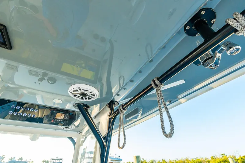 Slide: The Image of Interior view of a 2022 Freeman 42LR boat, showcasing equipment and sleek design. - 44