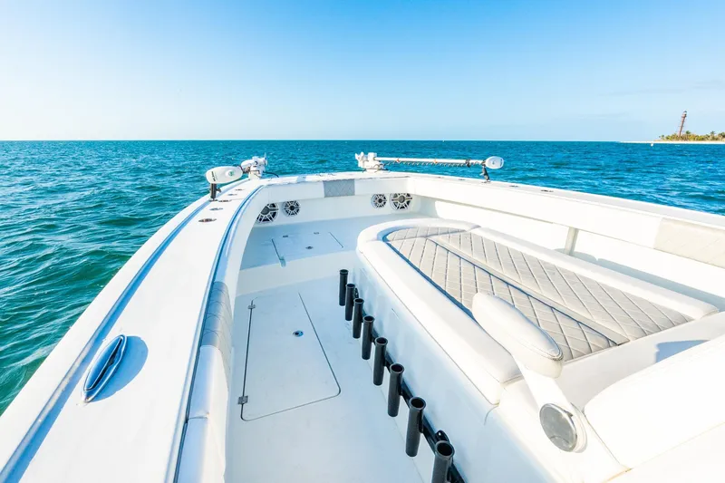 Slide: The Image of 2022 Freeman 42LR boat on open sea with clear blue sky. - 56