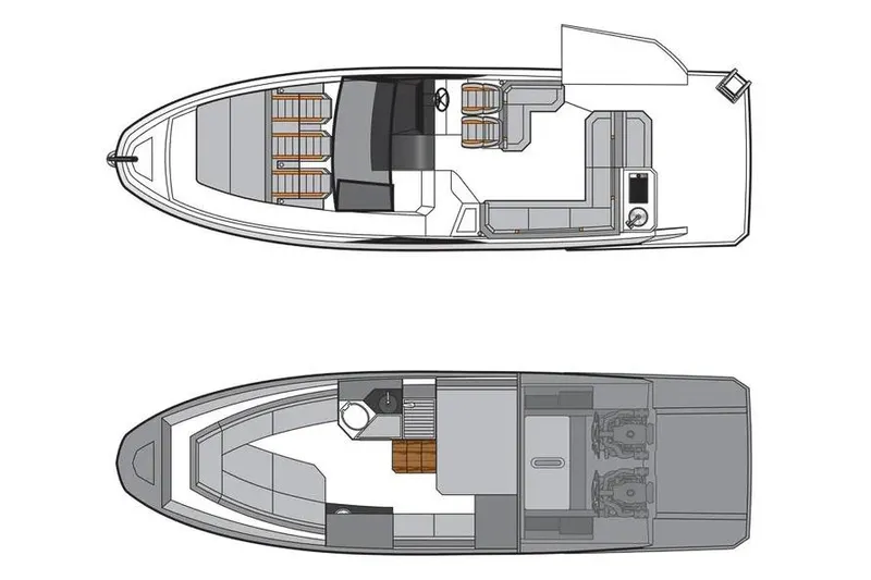 Slide: The Image of Top-down view of 2024 Hanover 387 boat layout, showcasing seating and engine placement. - 8