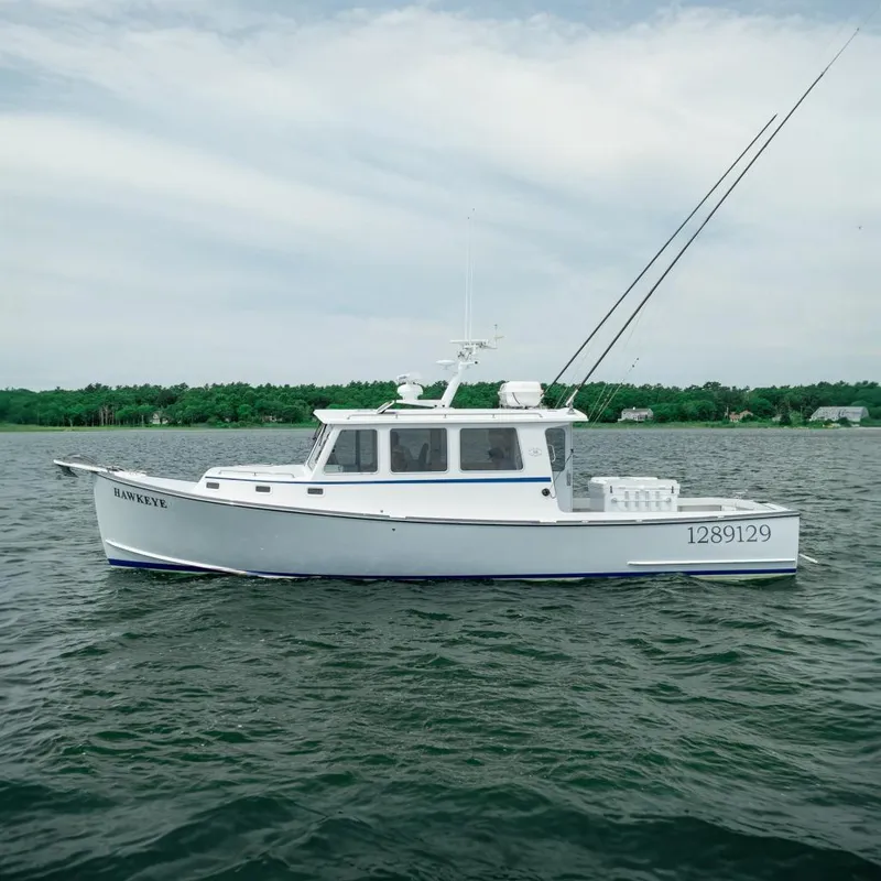 The Image of A white boat with a cabin and two fishing rods, floating on calm water. - 0