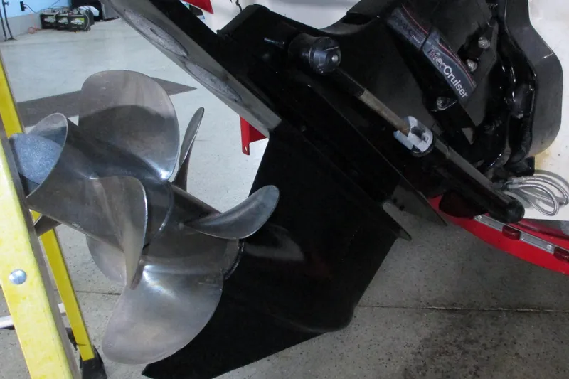 Slide: The Image of 2011 Monterey M3 Sport Boat propeller and drive system in a garage setting. - 11