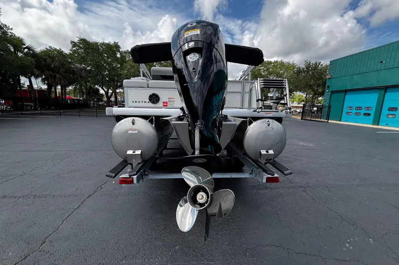 Slide: The Image of 2026 Princecraft Vectra 21 RL pontoon boat rear view with outboard motor. - 5