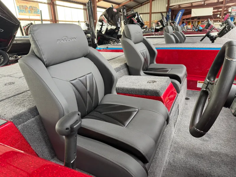Slide: The Image of Interior of Falcon F195 boat, 2026 model, featuring gray leather seats. - 15
