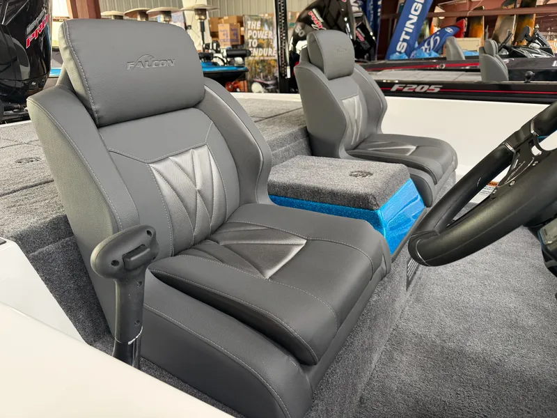 Slide: The Image of Interior of Falcon F195 boat, gray leather seats, model year 2026. - 15
