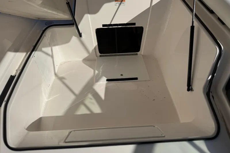 Slide: The Image of Open storage compartment in 2019 Regal 21 OBX boat, featuring hydraulic supports. - 17