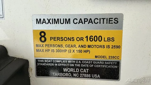 Slide: The Image of Capacity label for World Cat 235 CC boat, 2022 model. - 7