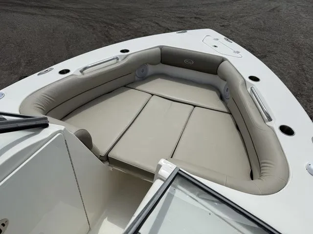 Slide: The Image of Interior view of 2023 Key West 239 DFS boat with beige upholstery. - 14