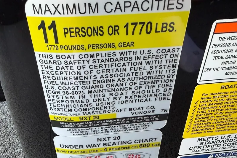 Slide: The Image of Maximum capacity label for 2023 MasterCraft NXT20 boat: 11 persons or 1770 lbs. - 49