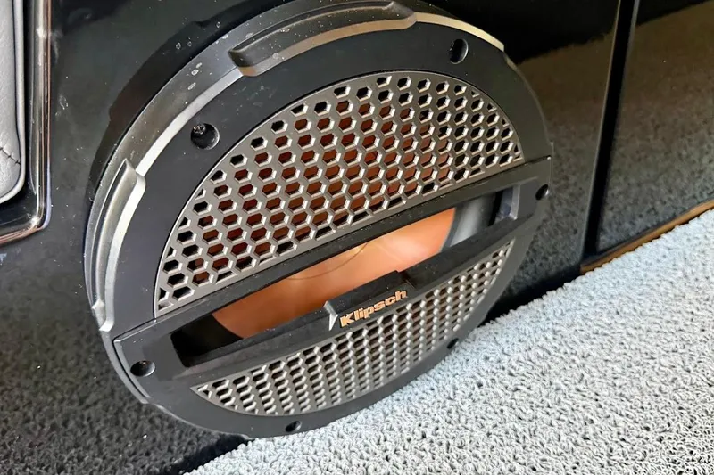 Slide: The Image of Klipsch speaker on 2023 MasterCraft NXT20 boat, featuring a sleek design and durable grille. - 50
