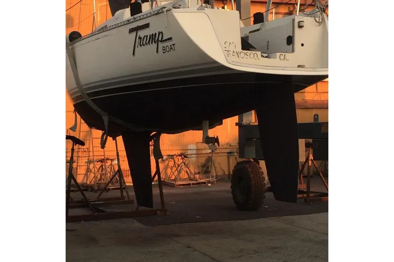 Slide: The Image of 1986 Farr 1020 sailboat named "Tramp" in dry dock, San Francisco, CA. - 11