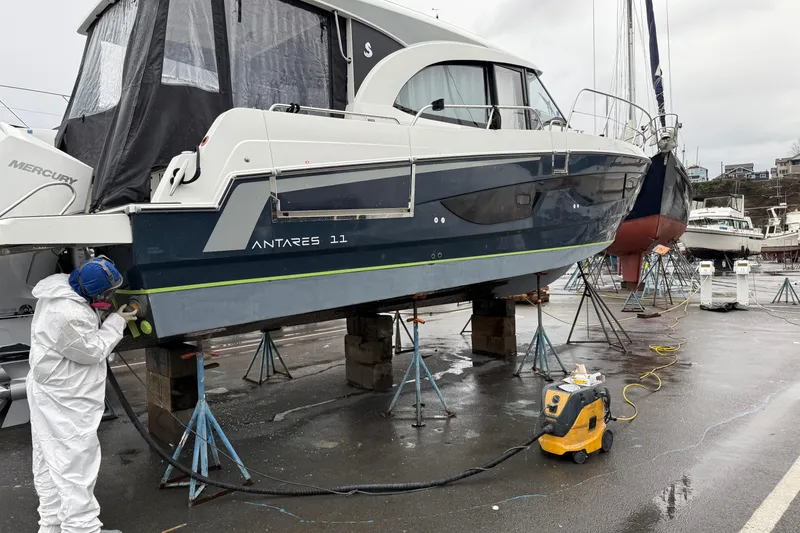 Slide: The Image of 2023 Beneteau Antares 11 Coupe undergoing maintenance in a boatyard. - 51