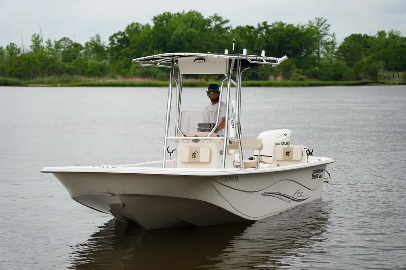 Slide: The Image of 2019 Carolina Skiff 218 DLV boat on calm water with lush green background. - 6