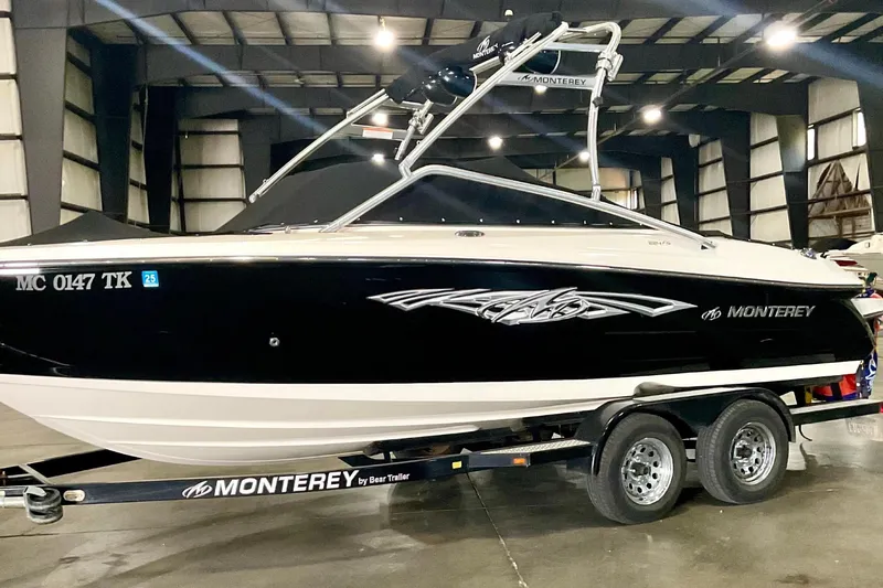 Slide: The Image of 2012 Monterey 224FS boat on trailer in warehouse. - 6