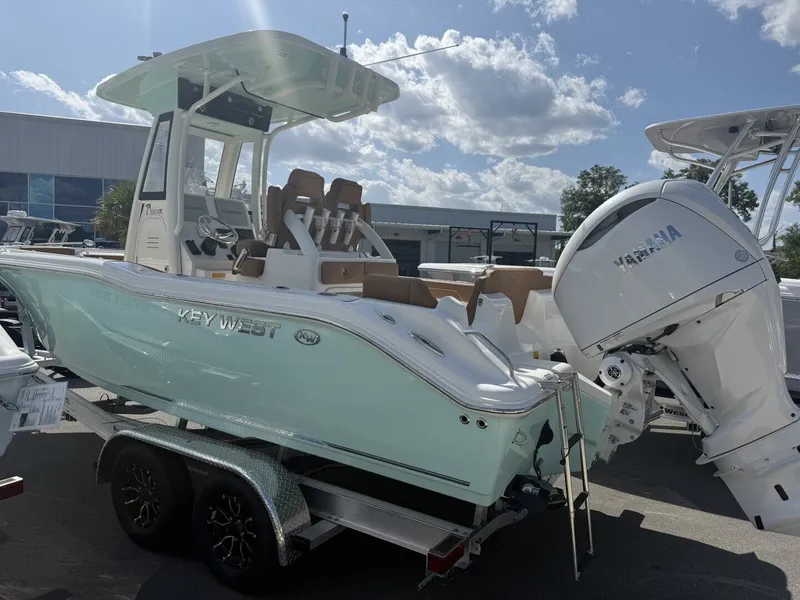 Slide: The Image of 2026 Key West 239 FSR boat with Yamaha engine on trailer. - 4