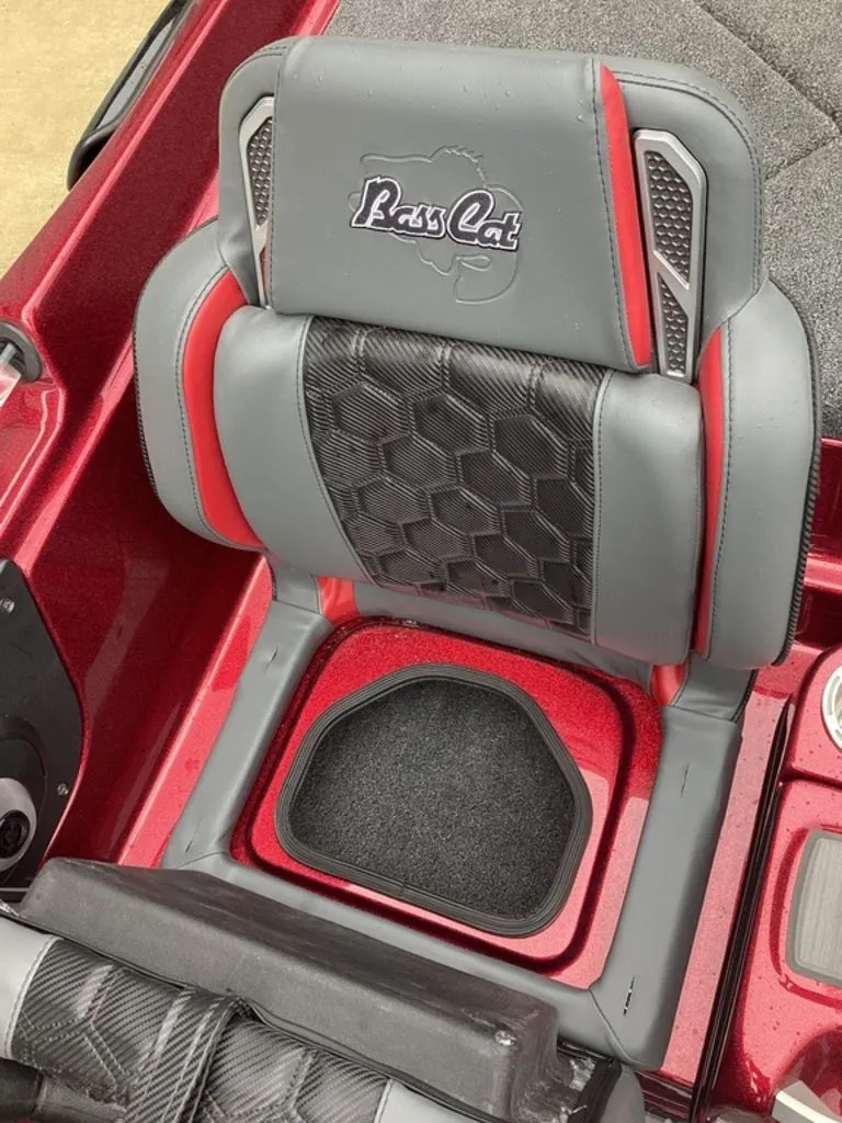 Slide: The Image of 2026 Bass Cat Eyra SP seat with red and gray design. - 31