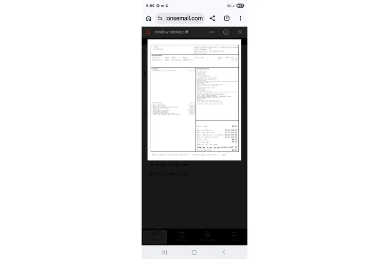 Slide: The Image of Mobile screen displaying a PDF of a 2021 Crownline Eclipse E235 window sticker. - 29