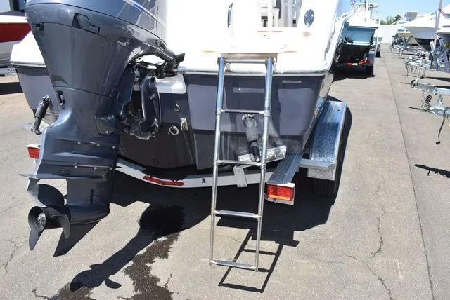 Slide: The Image of 2023 Robalo R202 Explorer with outboard motor and ladder on trailer. - 21