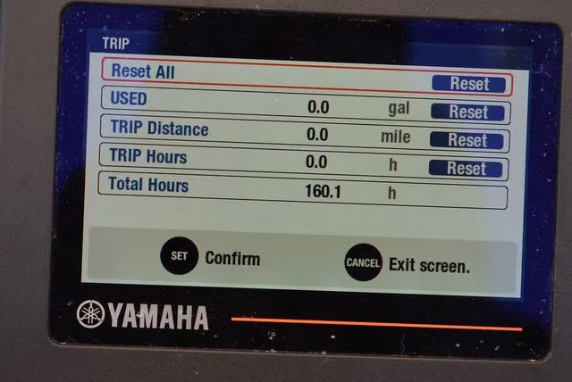 Slide: The Image of Yamaha display on 2023 Robalo R202 Explorer showing 160.1 total hours. - 46