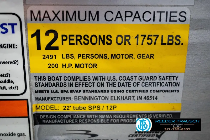 Slide: The Image of 2023 Bennington 23 LSR boat capacity label, 12 persons or 1757 lbs, 200 HP motor. - 68