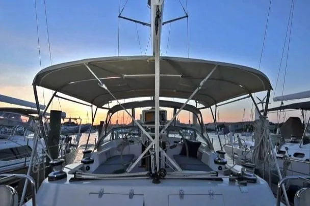 Slide: The Image of Sailboat cockpit view at sunset, Passport Vista 545 Center Cockpit, 2012 model. - 19