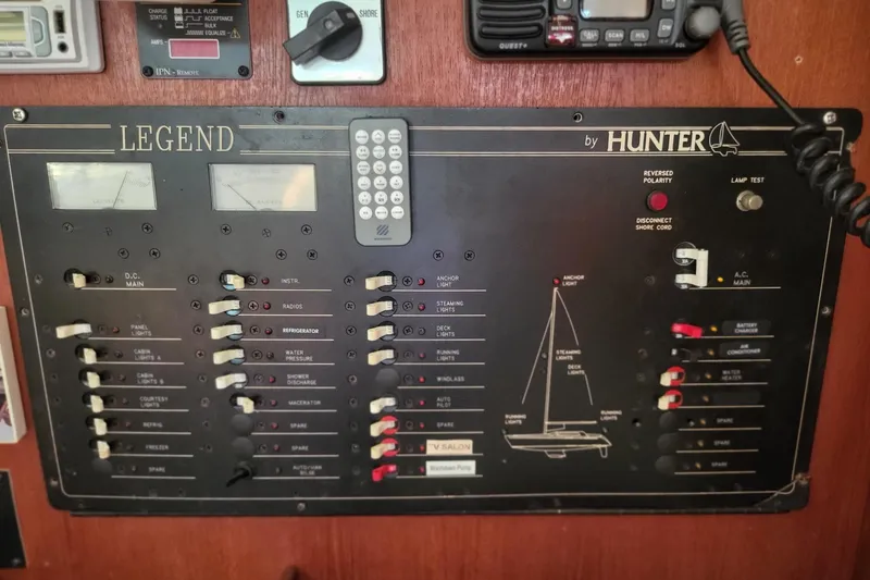 Slide: The Image of Electrical control panel of a 1993 Hunter Legend 40.5 sailboat, featuring various switches and gauges. - 8