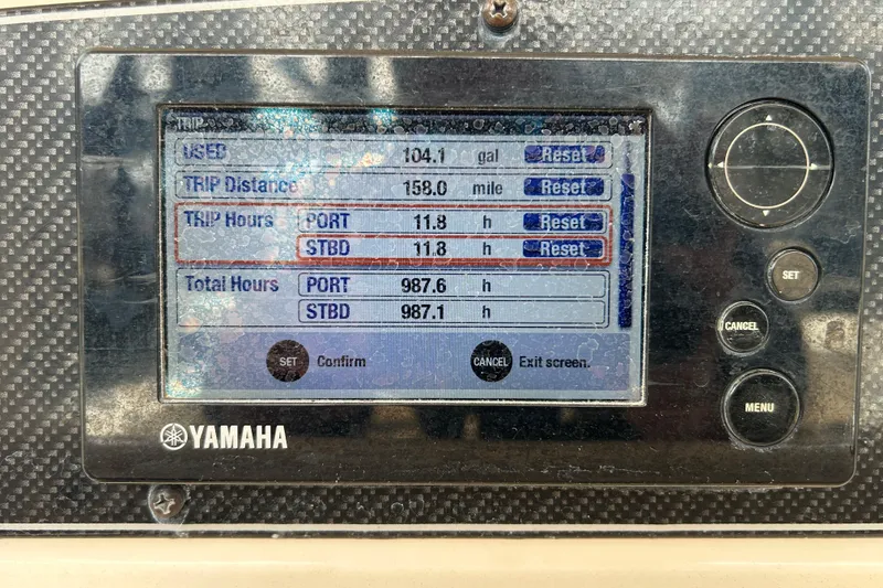 Slide: The Image of Yamaha boat display showing trip data for Grady-White Canyon 306, 2016 model. - 23