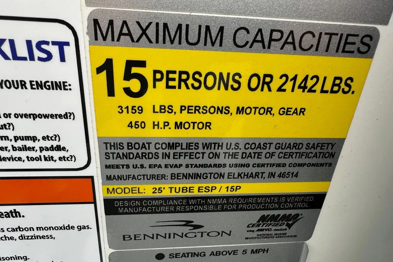 Slide: The Image of 2024 Bennington LX Sport Line capacity label: 15 persons or 2142 lbs, 450 HP motor. - 37
