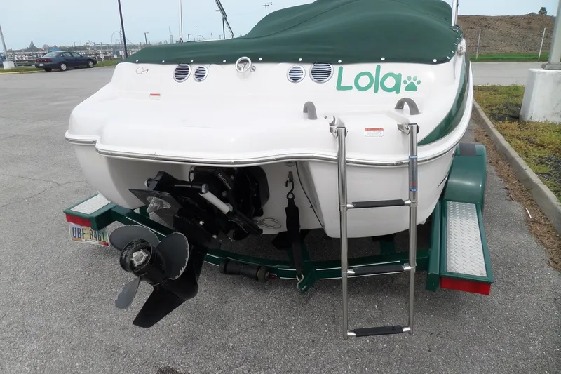 Slide: The Image of 2005 Tahoe Q4 Sport boat on trailer with green cover and ladder. - 31