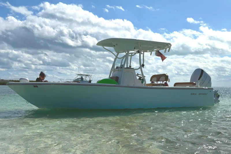 The Image of 2021 Sea Born LX24 Center Console boat anchored in shallow, clear water under a cloudy sky. - 0