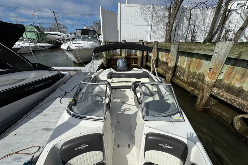 Slide: The Image of 2019 Stingray 204 LR boat docked, featuring sleek design and spacious seating. - 16