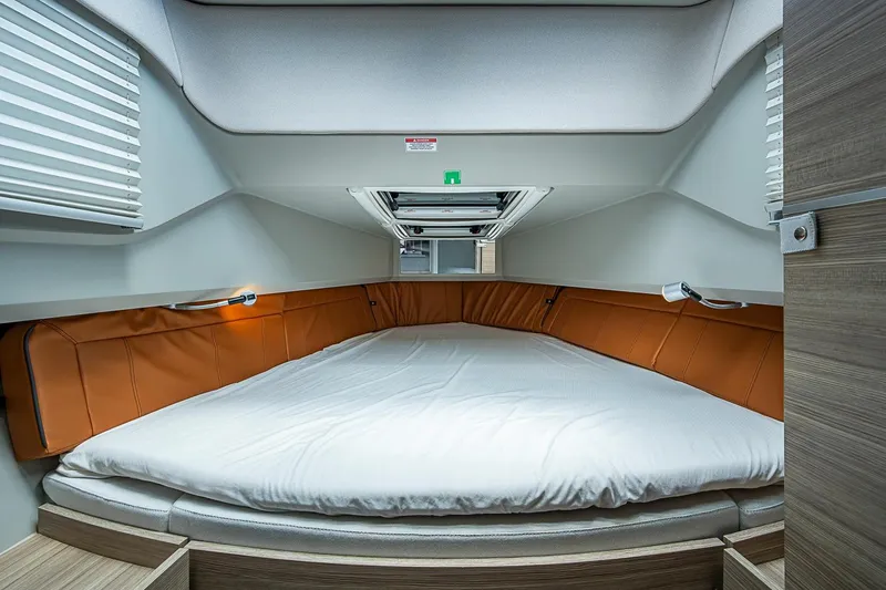 Slide: The Image of 2023 Saxdor 320 GTO cabin interior with cozy bed and modern design. - 29