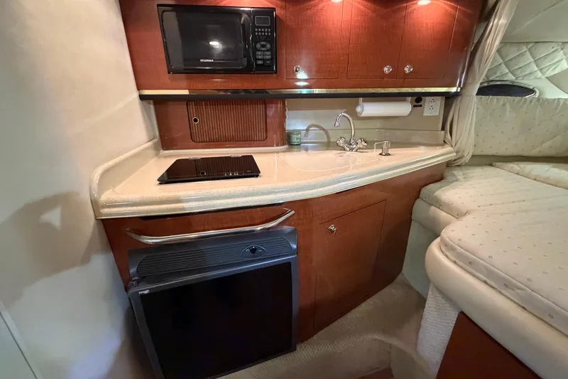 Slide: The Image of 2002 Sea Ray 290 Amberjack cabin with kitchenette, featuring microwave, sink, and compact fridge. - 13
