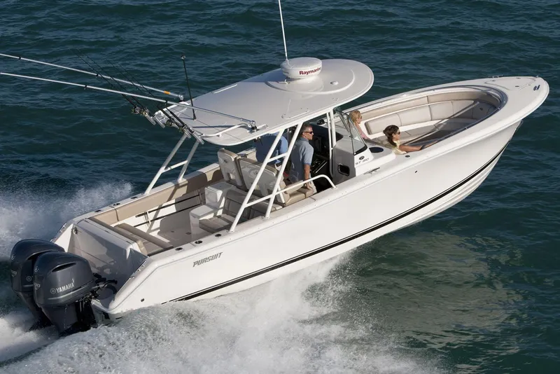 Slide: The Image of Twin Yamaha 300 outboard engines on a 2015 Pursuit ST 310 Sport boat. - 13