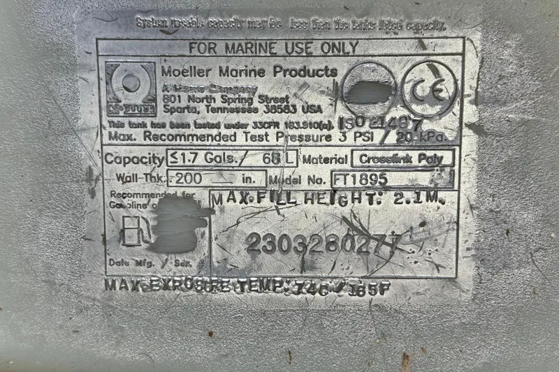 Slide: The Image of Label on Moeller Marine Products tank, 17-gallon capacity, crosslink poly material, for marine use. - 36